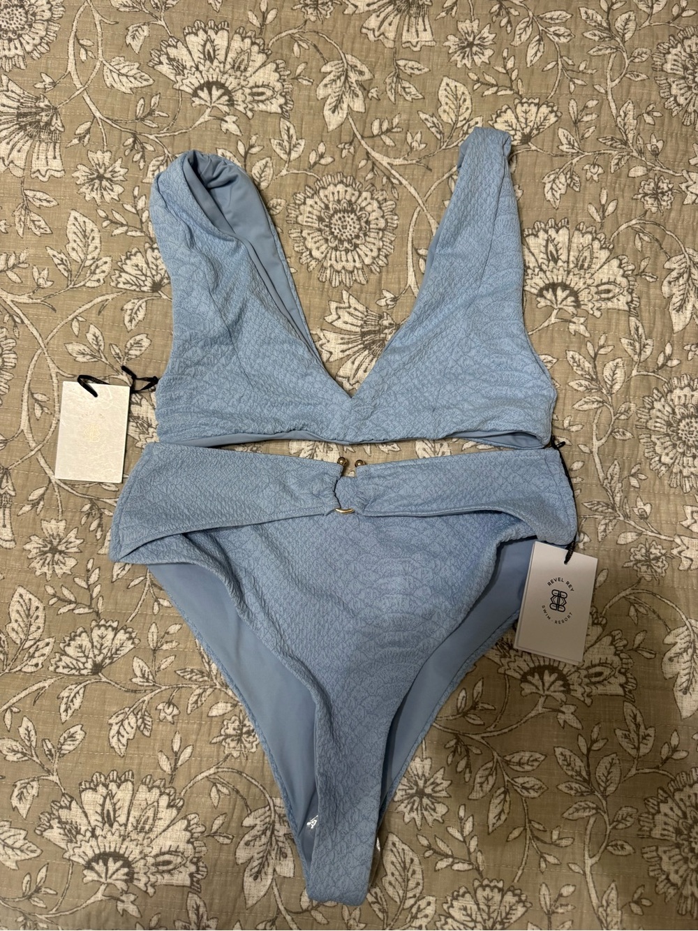 Revel Rey Light Blue Textured two piece bikini Swimsuit with Plunging V-Neck